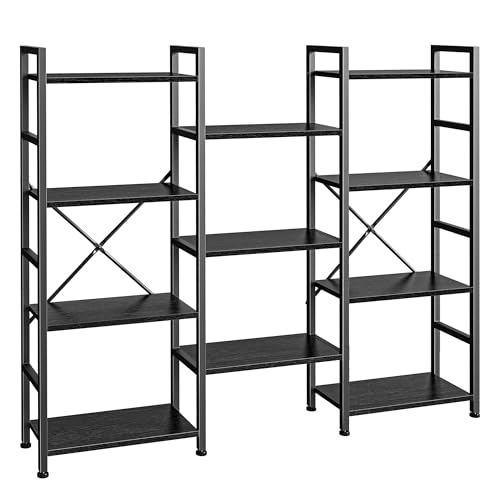 SUPERJARE Triple Bookshelf, Bookcase with 11 Open Display Shelves, Wide Book Shelf Book Case for Home & Office, 4 Tier, Black - color: Black, size: 4 Tier