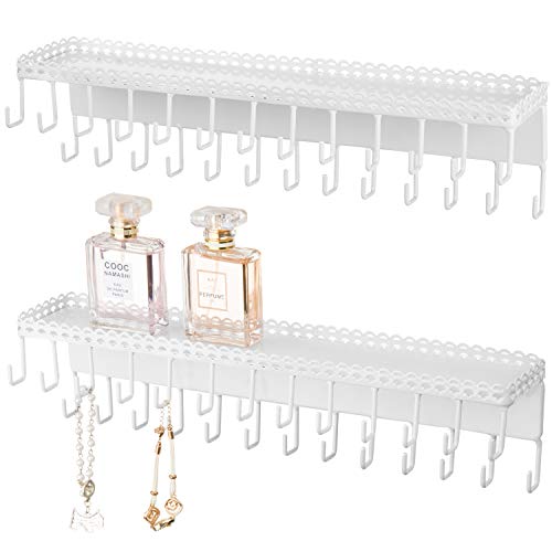 MyGift White Metal Wall-Mounted Jewelry Hanging Shelf with 26 Necklace Hooks, Set of 2 - color: White-set of 2