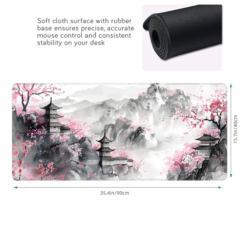 Japanese Cherry Blossom Large Mouse Pad,Gaming Keyboard Desk Pad,Extended Mouse Mat Non-Slip Rubber Base with Stitched Edges for Office Game Home XXL 35.4"x15.7" - color: Cherry Blossom, size: 35.4L x 15.7W inches