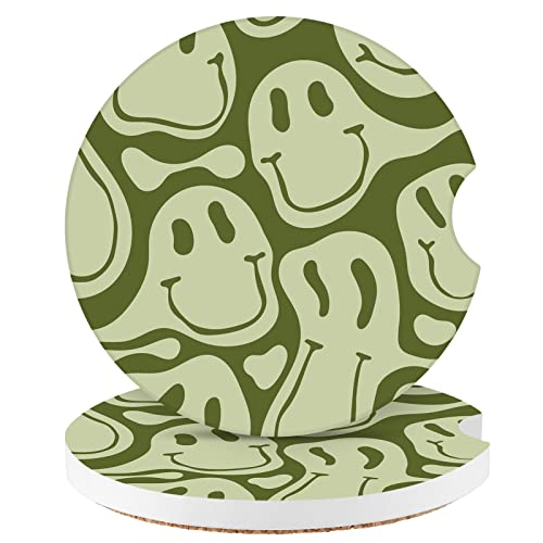 Car Coasters,Purple Smily Absorbent 2 Pack for Cup Holders with Finger Notch,2.56 inches Ceramics Heat Resistant Anti Slip Cork Base Car Drinks Coasters Auto Cup Holder(Green Smily) - color: Green Smiley Face