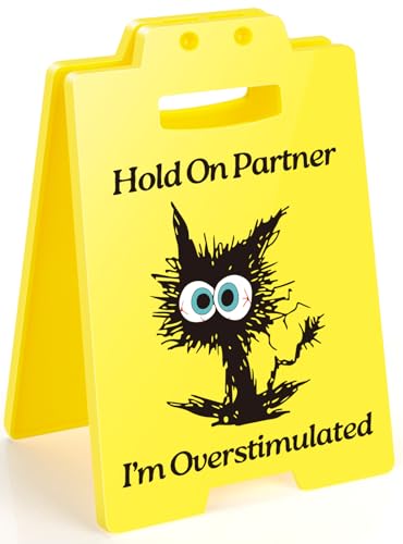 Funny Overstimulated Cat Desk Sign - Humorous Office Decor for Coworkers, Novelty Gag Gift for Mental Health and ADHD Anxiety, Social Battery Warning Sign for Cubicle and Home Office - style: Overstimulated Black Cat