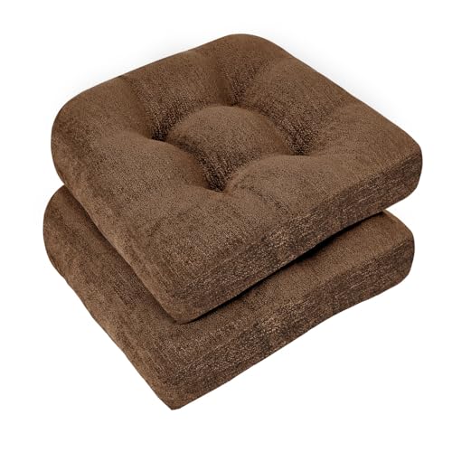 downluxe Chair Cushions for Dining Chairs 2 Pack, Tufted Indoor Chair Pads with Non-Slip Bottom, U-Shaped Kitchen Chair Cushions, 17"x17"x4", Brown - color: Brown, size: 17"x17"x4"(2 Pack)
