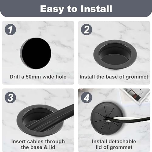 2 Pack 2 Inch Flexible Desk Cable Grommet, Detachable Hole Cover Cord Organizer for Home Office Desktop Wiring Management -Black