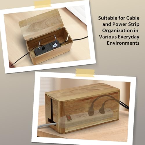 Large Acacia Wood Style Cable Management Box, Cord Organizer Power Strip Box with Magnetic Outlet Covers, Cord Hider for Desk and Floor Cable Storage, Ventilated Design