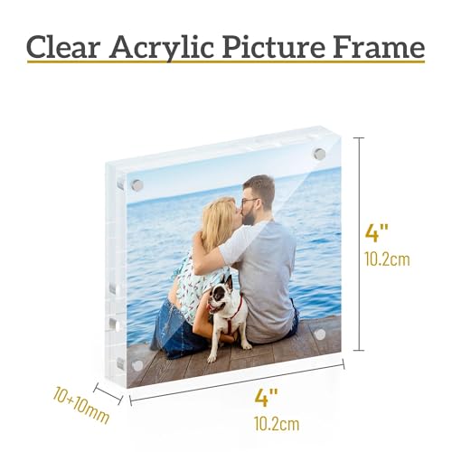ATZYmolin 4x4 Acrylic Picture Frame 3 Pack, 20mm Thick Magnetic Double Sided Display 20% Thicker- Frameless Clear Transparent Photo Frame for Desktop/Tabletop, Self Standing with Microfiber Cloth - size: 4x4"