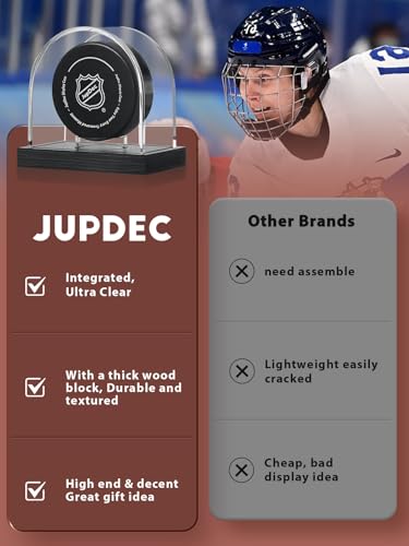 JupDec Hockey Puck and Collectibles Display Case, Premium Acrylic Clear Box Puck Holder with Mahogany Wood Base, Showcase for Autographed Souvenir Memorabilia, Collectible Figure Stand, Black - size: 1 Pack