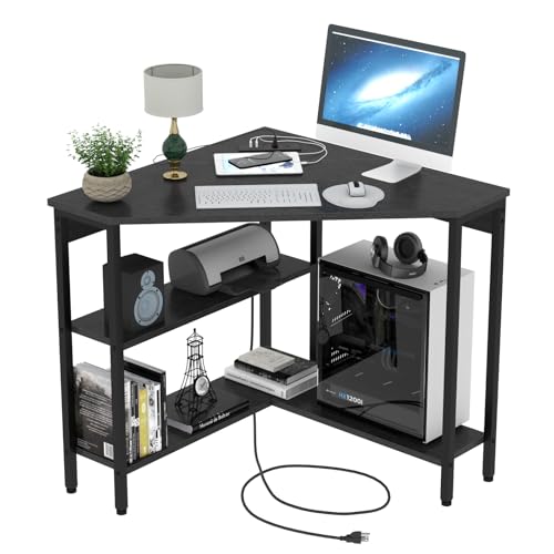 Auromie Corner Desk with Outlets & USB Ports, 90 Degree Triangle Corner Table with CPU Stand & Storage Shelves for Small Space, Computer Table with Charging Station for Home Office Bedroom (Black) - color: Black