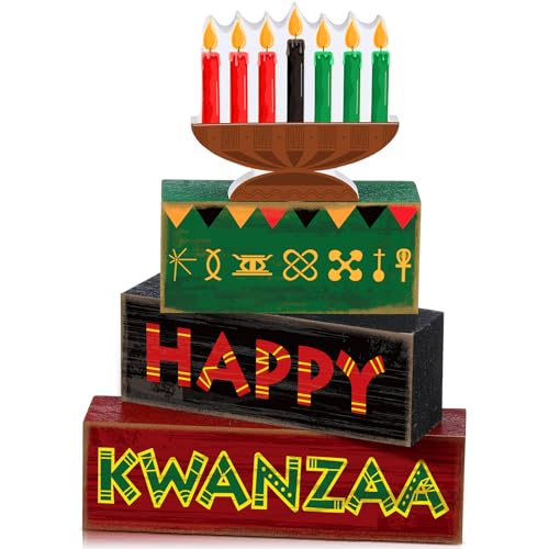 Yuntau 4 Pcs Happy Kwanzaa Table Decorations Kwanzaa Tiered Tray Decor Rustic African Candlestick Wood Block Tabletop Sign Gift Centerpiece Farmhouse Table Decor for Home Office Party Supplies - style: Candlestick