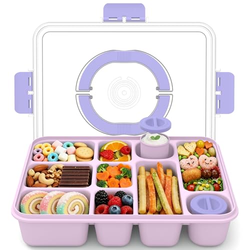 Snackle Box Container for Adults with 10 Compartment, Divided Serving Tray with Lid and Handle and 2 Sauce Containers, Portable Snack Box Container for Charcuterie Party Travel, Purple - color: Purple