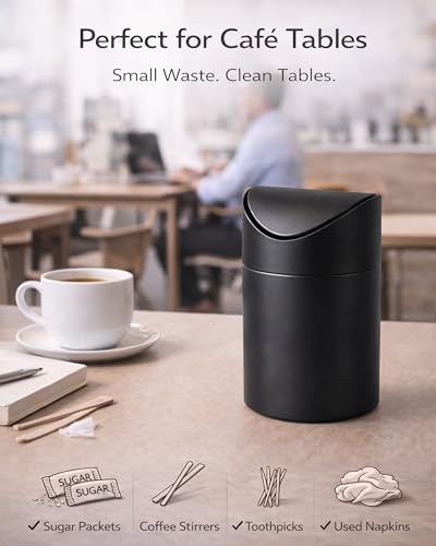 Small Mini Trash Can with Lid, Matte Black Tabletop Garbage Can, Tiny Countertop Trash Can for Coffee Bar & Office Desk, Premium Metal Swing Top Waste Bin for Makeup Vanity, 1.5 L/0.40 Gal (Black) - color: Black