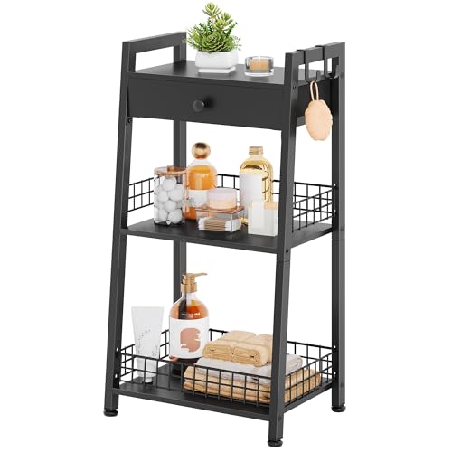 Gewudraw 3-Tier Ladder Shelf with Drawer, Bathroom Table Stand for Small Space, Standing Bathroom Shelves with Storage for Living Room Kitchen Bedroom, Organizer Shelf, Black - color: Black, size: 3 Tier Standard