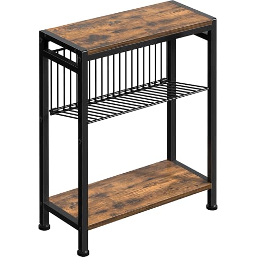 Small Side Table for Small Space, 3-Tier Narrow End Table with Magazine Holder,Slim Nightstand, Skinny Snack Couch Table in Living Room, Bedroom Study and Balcony (Rustic Brown &Black) - color: Rustic Brown