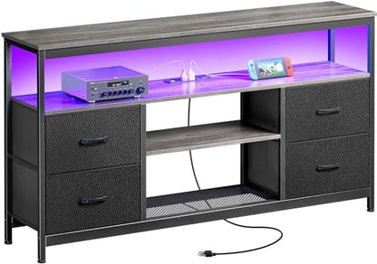 Huuger TV Stand Dresser with Power Outlets and LED Lights, 4 Drawers Entertainment Center with Shelves, 54in Media Console for 55 60 Inch TV, Dresser with PU Finish, Grey and Black - color: Grey and Black, size: 54 Inches