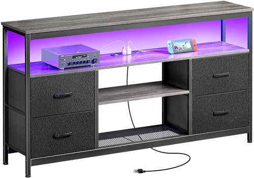 Huuger TV Stand Dresser with Power Outlets and LED Lights, 4 Drawers Entertainment Center with Shelves, 54in Media Console for 55 60 Inch TV, Dresser with PU Finish, Grey and Black - color: Grey and Black, size: 54 Inches