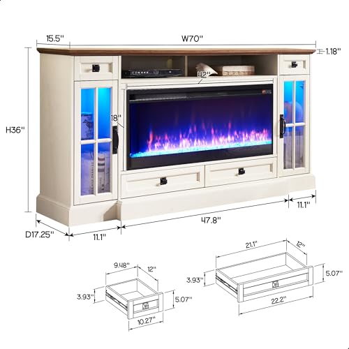 RedLemon Farmhouse Fireplace TV Stand for 80 Inch TV, 36" Tall Entertainment Center with 42" Crystal Eletric Fireplace, Modern Media Console Table with LED Lights for Living Room, Antique White - color: Antique White