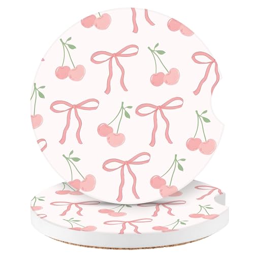 Cute Cherry Car Coasters,Absorbent 2 Pack for Cup Holders with Finger Notch,2.56 inches Ceramics Heat Resistant Anti Slip Cork Base Car Drinks Coasters Auto Cup Holder - color: Cherry Bows2