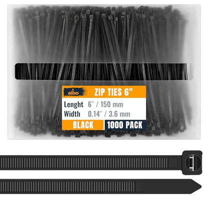 ALBO Zip Ties Black 6 Inch 1000 Pack 40 lb, Long Plastic Cable Ties Thick 0.14 Inch Tie Wraps Heavy Duty UV Resistant Nylon Wire Ties for Indoor and Outdoor - size: 6" Black 1000 Pack 40lb