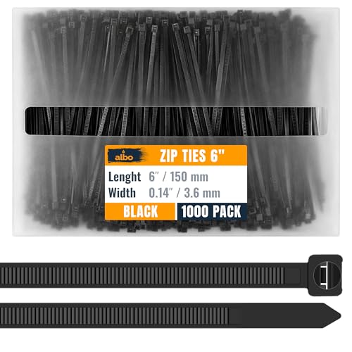 ALBO Zip Ties Black 6 Inch 1000 Pack 40 lb, Long Plastic Cable Ties Thick 0.14 Inch Tie Wraps Heavy Duty UV Resistant Nylon Wire Ties for Indoor and Outdoor - size: 6" Black 1000 Pack 40lb