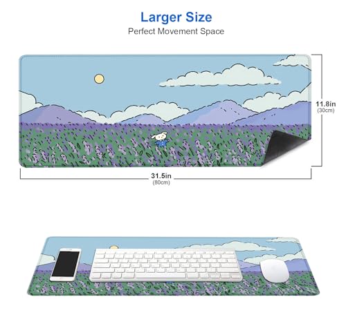 IMAYONDIA Anime Lavender Desk Mat Cute, Green Purple Blue XL Large Gaming Mouse Pad for Laptop, Kawaii Landscape Japanese Deskmat, Mousepad Computer Pad, 31.5 X 11.8 Inch - color: Lavender Landscape