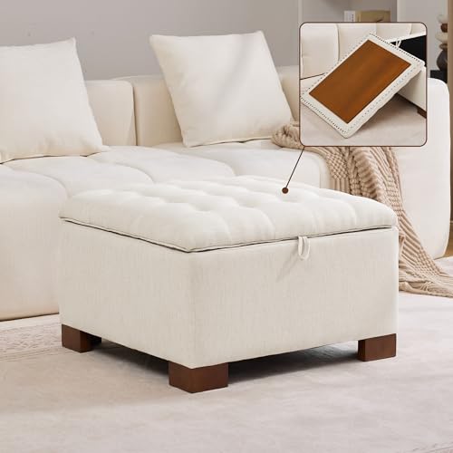 WUTUTUEE 30" Fabric Square Storage Ottoman with Wooden Tray, Modern Tufted Button Footstool Coffee Table, Upholstered Large Ottoman for Living Room, Bedroom, Beige - color: Beige, size: 30 Inch