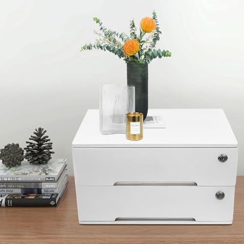 Wooden Desk Organizer with Drawers & Lock, Desktop Countertop Storage Cabinet Lockable Home Office Supplies File Tabletop Organizing Unit (2 Drawer - Modern White) - style: 2 Drawer - Modern White