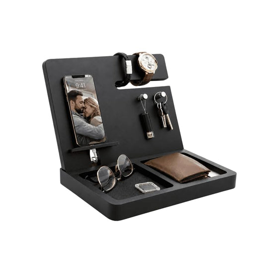 Namore Nightstand Organizer for Men – Wood Phone Docking Station & Bedside Valet Tray Organizer for Wallet, Watch & Keys – Unique Gifts for Men, Husband, Dad - color: Black