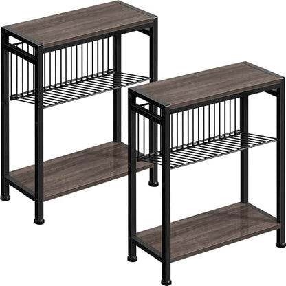 Small Side Table Set of 2 for Small Space, 3-Tier Narrow End Tablewith Magazine Holder,SmallNightstand, Skinny Snack Couch Table in Living Room, Bedroom Study and Balcony(Ash Brown) - color: Ash Brown-2pcs