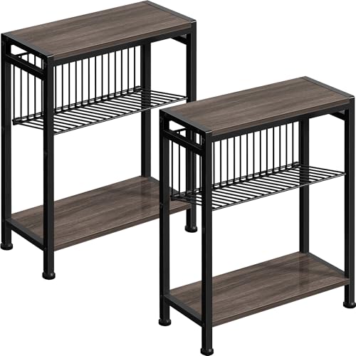 Small Side Table Set of 2 for Small Space, 3-Tier Narrow End Tablewith Magazine Holder,SmallNightstand, Skinny Snack Couch Table in Living Room, Bedroom Study and Balcony(Ash Brown) - color: Ash Brown-2pcs