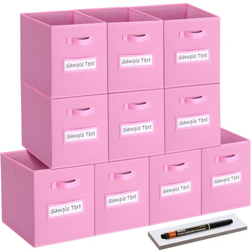 11x11 storage cube bins (Set of 10) Foldable Fabric storage cubes with 10 Labels Window Cards & a Pen,11 inch cube storage bin,Closet Organizers for Shelves,Cubby Organizer Boxes,Light Pink - color: Light Pink, size: 11"