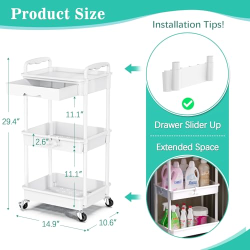 SUNALLY 3 Tier Rolling Cart with Drawer, Bathroom Storage Organizer with 2 Lockable Wheels, Multifunctional Rolling Storage Cart for Bathroom, Kitchen, Office, Craft, Makeup, Baby Essentials, White - color: White, size: 3 Tier