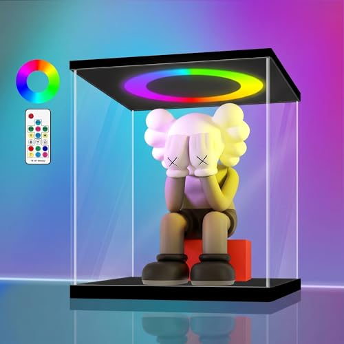 LANSCOERY Acrylic Display Case 17.7x17.7x17.7 in, 10mm Base, RGB Ring Light, 3mm Clear Panels, Front Door for Action Figures and Models - size: 17.7x17.7x17.7inch; 45x45x45cm