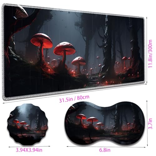 Large Gaming Mouse Pad + Mouse Wrist Rest Pad + Coaster Combination, 31.5 "x 11.8" Durable Non-Slip Extension Table Mat, Suitable for Office and Home, Mushrooms Forest - color: Mushrooms Forest