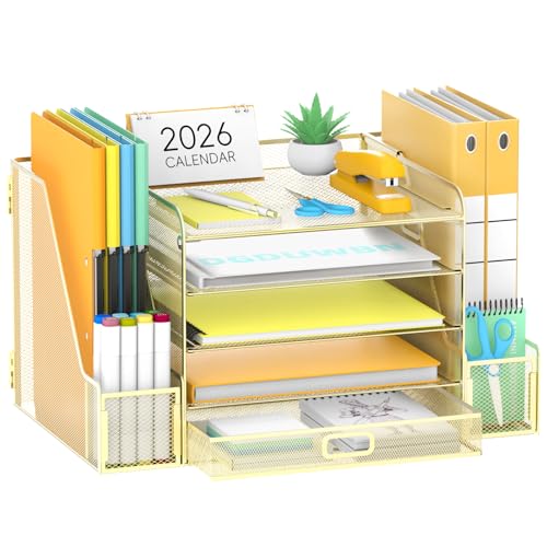 SUPEASY Mesh Desk Organizer with File Holder, 5-Tier Paper Letter Tray Organizer with Magazine Holder, Desktop Organizer and Storage with Drawer for Office Supplies Home or School (Golden) - color: Golden