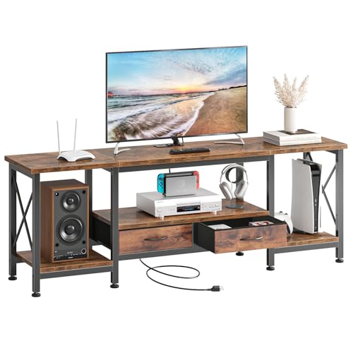 DUMOS 63" TV Stand with Power Outlets, Fabric Drawers & Open Shelves, Brown | Entertainment Center for TVs Up to 75", Media Console TV Table for Living Room & Bedroom - size: 63 Inch