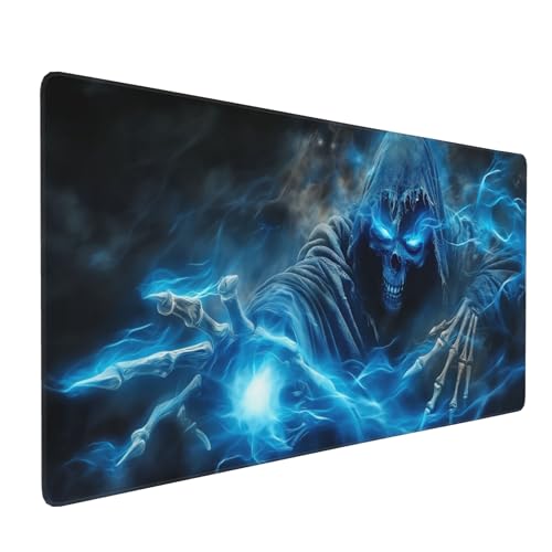 Extended Gaming Mouse Pad, Grim Reaper Skull Design with Blue Flames, 35.4 x 15.7 Inches, Non-Slip Rubber Base - color: skull