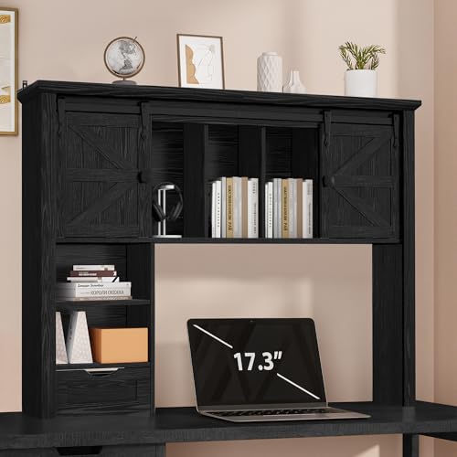 Large Desktop Bookshelf with Sliding Barn Door, 47.2''W Desk Shelf Display Rack, Desktop Organizer Storage Rack with 7 Cubbies and Drawer, Home, Desk Shelf for Office, Dorm, Vanity, Black - color: Black, size: 47.2"W