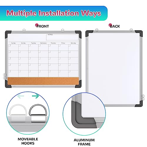 Monthly Calendar Whiteboard for Wall, 24x18 Inches Dry Erase Board with Cork Board Combo, Magnetic White Board, Double-Sided Hanging Portable Board for Office School Home Kitchen Planner Memo - style: Whiteboard 24x18 Silver