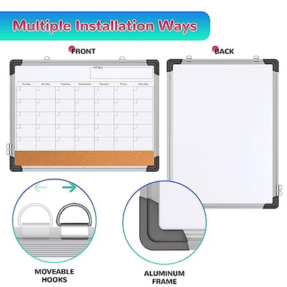 Monthly Calendar Whiteboard for Wall, 24x18 Inches Dry Erase Board with Cork Board Combo, Magnetic White Board, Double-Sided Hanging Portable Board for Office School Home Kitchen Planner Memo - style: Whiteboard 24x18 Silver