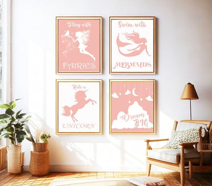 Play With Fairies Ride A Unicorn Swim With Mermaids Dream Big Quotes for Girl's Bedroom Empowerment, Nursery Wonder, Playroom Adventure, Birthday Party Pink Room Accent, Young Dreamer Surprises, Birthday Magic Gifts - 8x10 Unframed Glossy Print Set - styl