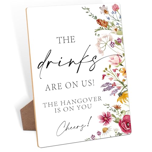 The Drinks Are On Us Sign, Wedding Signs for Ceremony and Reception, Floral Bridal Shower Decorations, Wooden Wedding Signage, Bridal Shower Decor, Engagement and Anniversary Party Supplies, 27 - color: Drinks Sign, 27