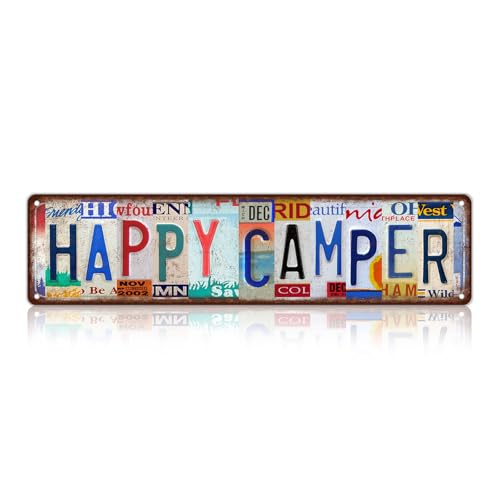 Vintage Happy Camper Metal Tin Signs Wall Decor | Camping Essentials Gear RV Accessories Outside Camper Decor Gifts for Men Travel Trailers 16 x 4 Inches - color: Happy Camper