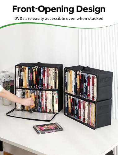 4-Pack DVD Storage Box, Stackable DVD Case Holder Organizer with Front Zippered Clear Window, CD Holder for CD, Blu-ray, VHS, Video Games, and Movie Collection, Holds 100+ Cases