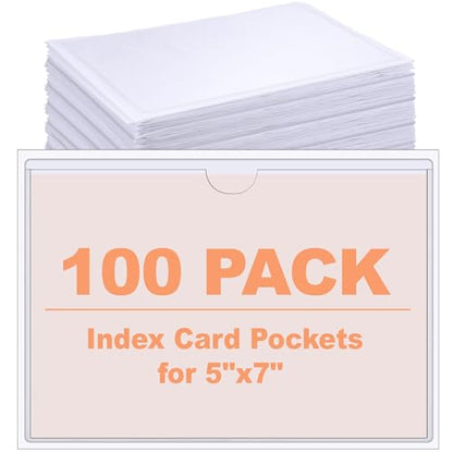 Outus 100 Pcs 5 x 7 Inch Clear Self Adhesive Pockets - Bin Labels for Storage Bins, Pocket Label Sleeves, Plastic Index Card Holder with Top Open for Organizing Bins Box Drawer - size: 5 x 7 Inch