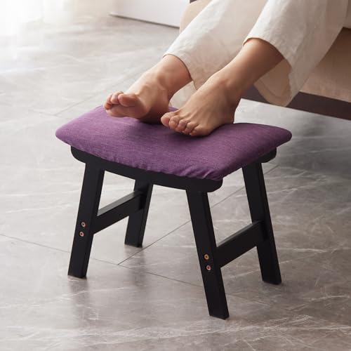 Kitsanery Foot Stool,Ottoman,Bamboo Small Sofa Foot Rest Under Desk,Extra Seating for Living Room, Bedroom and Kitchen (Black Stool Legs - Purple Surface) - color: Black Stool Legs - Purple Surface