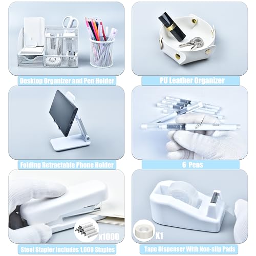 White Desk Accessories, 25Pcs White Office Supplies and Desk Organizers, with Tape Dispenser, Stapler, Staple Remover, Ect, Gift Box Packaging - color: White
