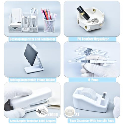 White Desk Accessories, 25Pcs White Office Supplies and Desk Organizers, with Tape Dispenser, Stapler, Staple Remover, Ect, Gift Box Packaging - color: White