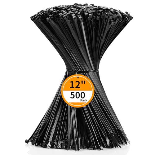 Cable Zip Ties 12 inch Cehony 500 Pack Black Zip Ties Heavy Duty 50lbs Tensile Strength Plastic Zip Ties for Outdoor and Indoor Multi-Purpose Cable Ties Self-Locking UV Resistant Wire Ties Wraps - color: Black