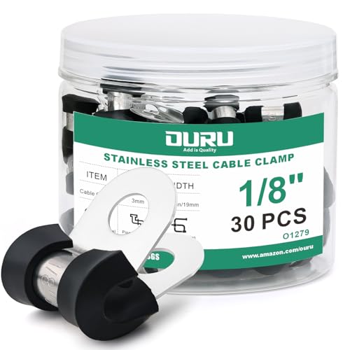 OURU 30pcs 1/8 Inch Stainless Steel Cable Clamps,Rubber Coated Cushioned Insulated Cable Clamp,Automotive Cable Wire Clamps,Pipe Clamps,Metal Clamp for Tube,Lines,Wire Cord Installation(Black,3mm) - size: 30pcs - 1/8"