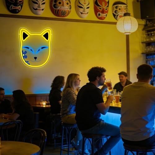 Anime Neon Sign, Fox Face Led Neon Light Signs for Wall Decor Japanese Light up Sign for Bedroom Game Room Party Decoration Birthday Gift for Girl Christmas Dimmable USB Powered(13.8"*12.4") - style: MASK YELLOW