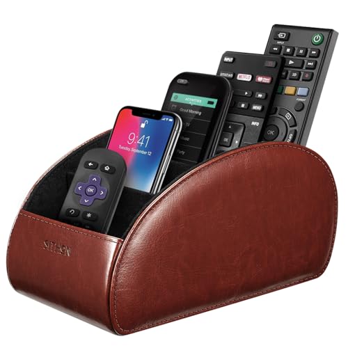 SITHON Remote Control Holder with 5 Compartments – [Upgrade Version] PU Leather Remote Caddy Desktop Organizer Store TV, DVD, Blu-Ray, Media Player, Smart Phones, Heater Controllers (Brown) - color: Brown, size: Large